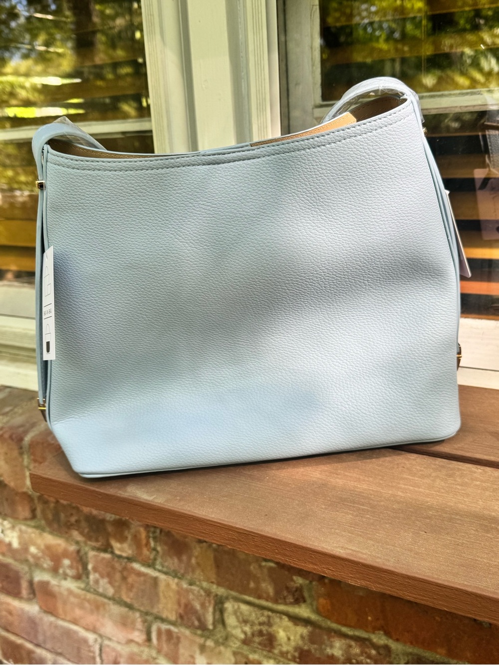 Ello Ice Blue Vegan Leather Bucket Shoulder Bag w/ Belt Detail & Pouch - Picture 10 of 17